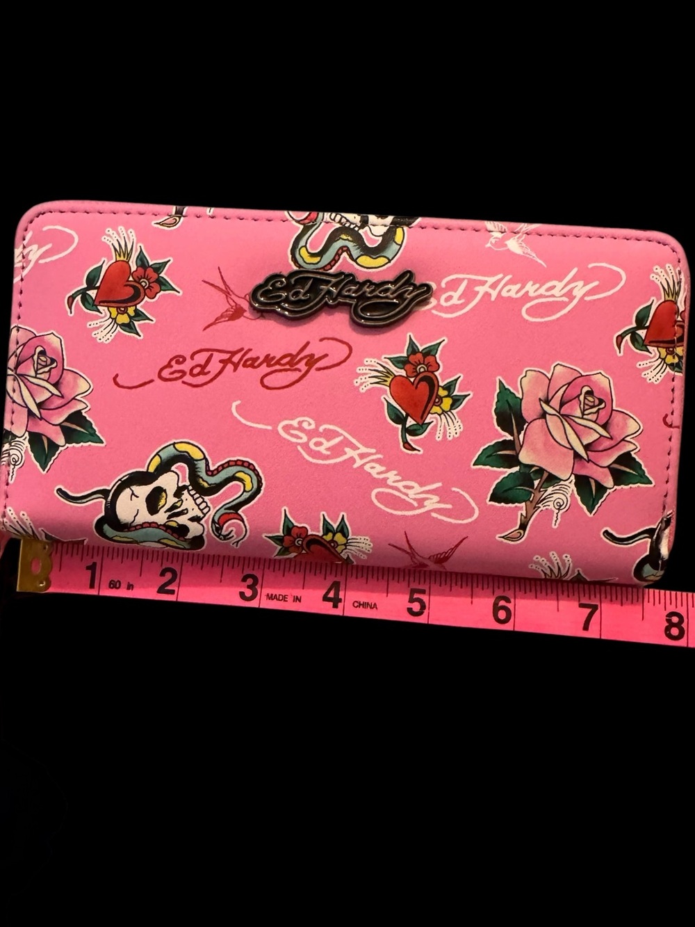 Ed Hardy Pink Tattoo Print Zip Around Wristlet Wallet Roses Skull Hearts - Picture 4 of 6